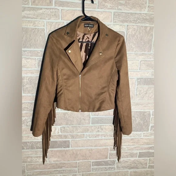 TopChic - Sz S - faux leather suede fringe fashion jacket - tan - 10” fringe - Picture 7 of 7